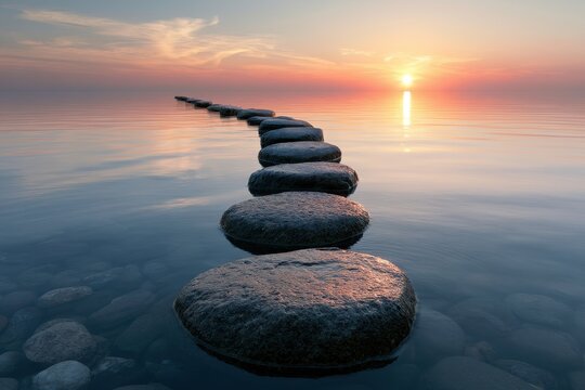 Stepping stones path leading across calm water at sunrise with golden hour light for wellness and spiritual coaching marketing