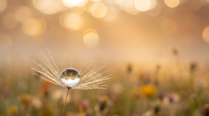 Obraz premium Water drop on dandelion seed with golden bokeh light