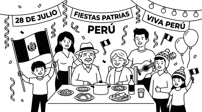 Peruvian family celebrating Fiestas Patrias at home.