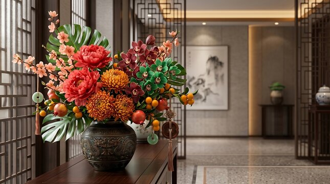 Luxury Asian Floral Arrangement with Peonies in Dragon Vase