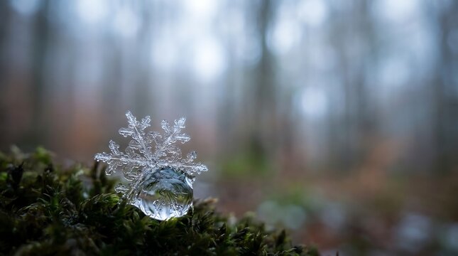 Macro snowflake resting on water drop in forest