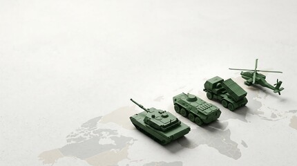 Fototapeta premium Minimalist Military Vehicles on World Map Global Security Concept