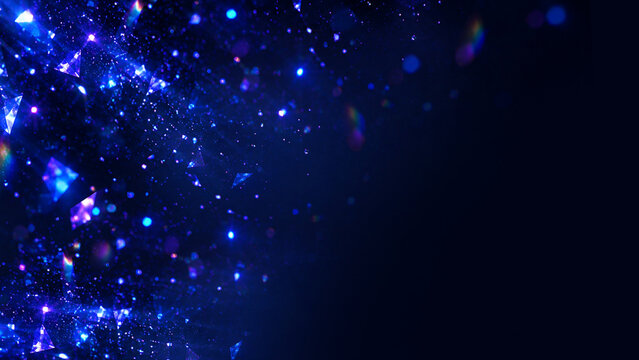 Dark Navy Blue Abstract Glowing Bokeh Particle Background with Sparkling Light Dots and Copy Space