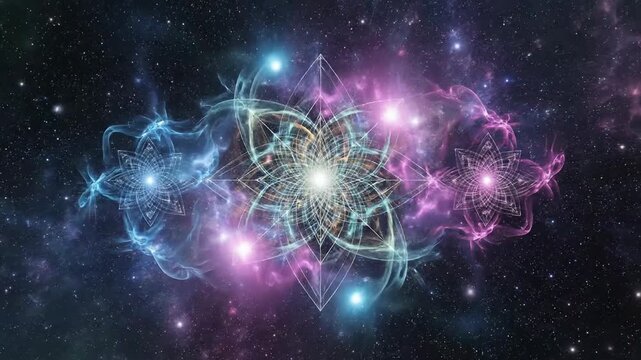 Glowing sacred geometry mandala within ethereal nebula clouds and swirling cosmic energy, perfect for spiritual meditation and science motion backgrounds.