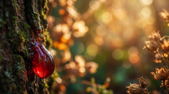 Red tree resin drop on bark in forest sunlight