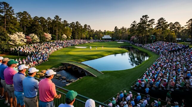 Golf championship green with water hazard and large crowd