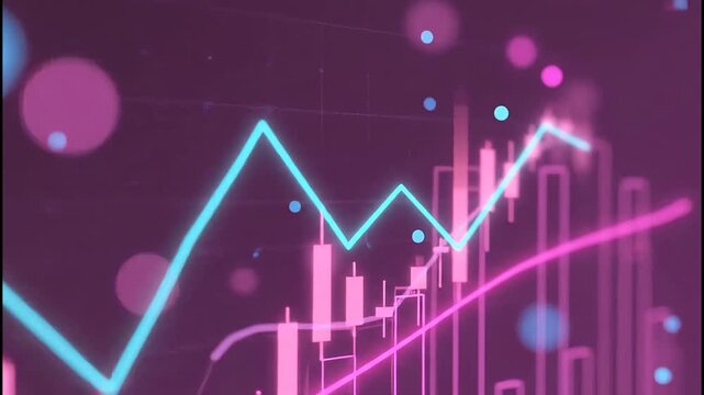 Vibrant neon lines and bokeh dots overlay a financial graph with upward trends