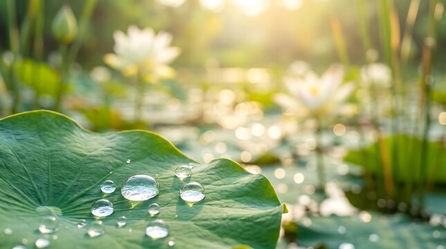 Macro dew drops on lotus leaf with blurred background