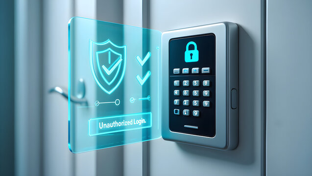 A modern digital security keypad displays a glowing blue shield icon indicating a failed entry attempt in this clear photograph