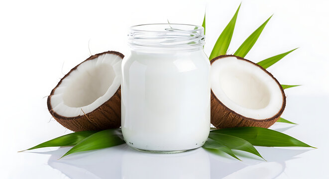 Fresh coconut milk with coconut and pineapple leaves