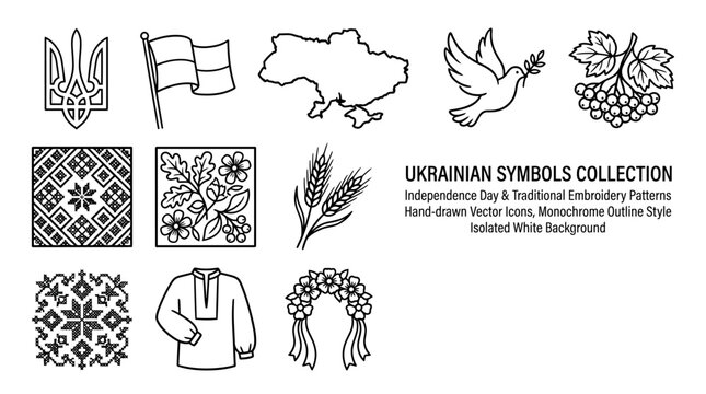 Set of Hand Drawn Ukrainian National Symbols and Traditional Patterns.