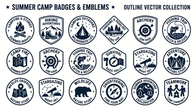 Set of summer camp badges and outdoor adventure emblems.