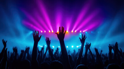 Naklejka premium Juneteenth concert crowd raised hand stage light nightclub colorful beam music festival celebration excited audience cheering vibrant blue purple