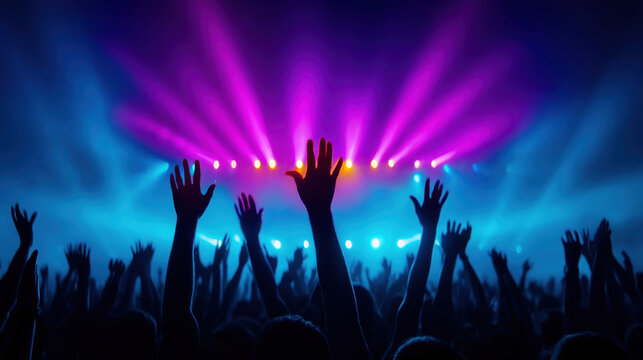 Juneteenth concert crowd raised hand stage light nightclub colorful beam music festival celebration excited audience cheering vibrant blue purple