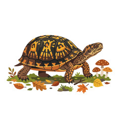 Fototapeta premium Turtle walking on grass with mushrooms and autumn leaves, illustration