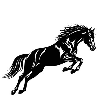 Black horse silhouette jumping powerfully against a white background, symbolizing freedom and strength.