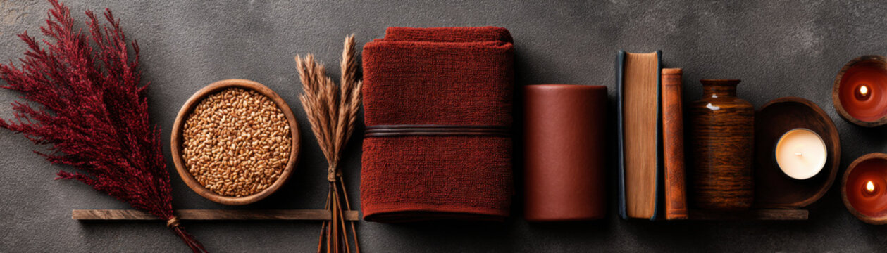 Rust towel book candle ceramic cup dried grass wheat