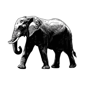 Detailed ink sketch illustration of an African elephant walking with tusks and trunk raised.