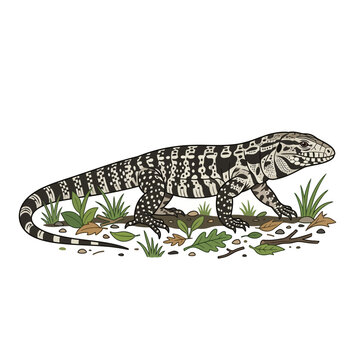 Black and white tegu lizard illustration on white background with grass and leaves
