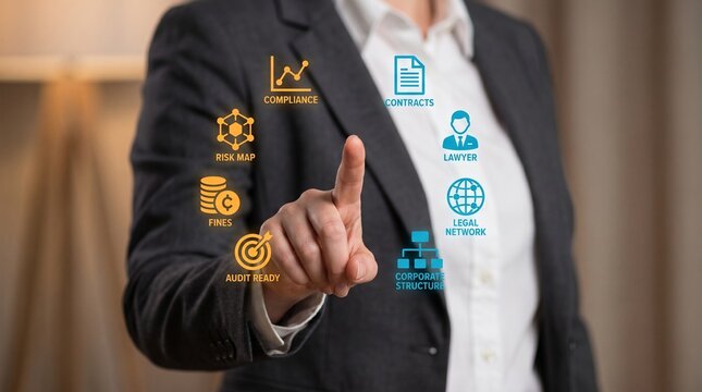 Corporate Compliance and Legal Risk Management Concept with Businesswoman Interacting with Digital Icons for Contracts, Lawyer, and Audit Ready Features. This image represents business governance.  (N