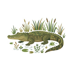 Fototapeta premium Green alligator in shallow water with reeds and lily pads