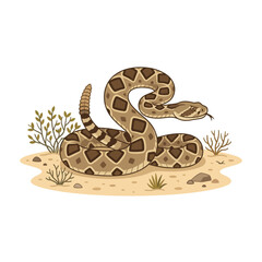 Fototapeta premium Rattlesnake coiled in desert sand with dry brush and rocks