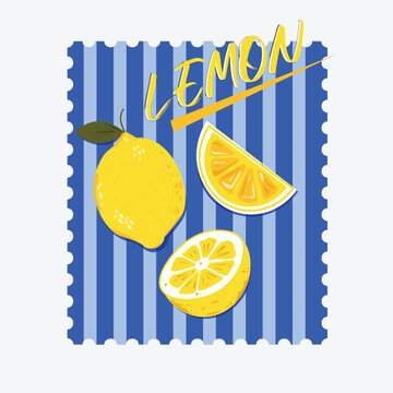  Lemon Fruit Illustration on Blue Striped Background | Summer Citrus Vector Design