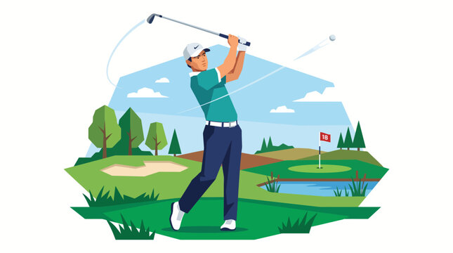 Male golfer taking a powerful swing on a scenic green course