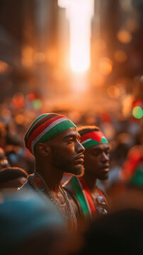 Juneteenth parade crowd portrait African American man headband street festival sunset bokeh city celebration with flags unity and pride