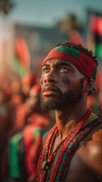 Black man portrait headband face paint festival crowd juneteenth celebration outdoor