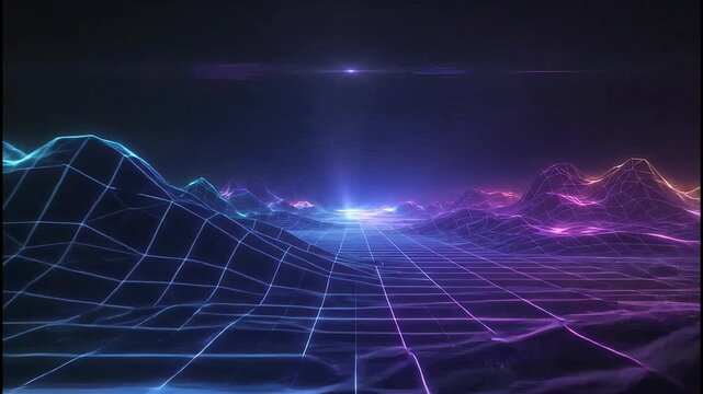 Abstract neon grid landscape with glowing mountains and bright central light source