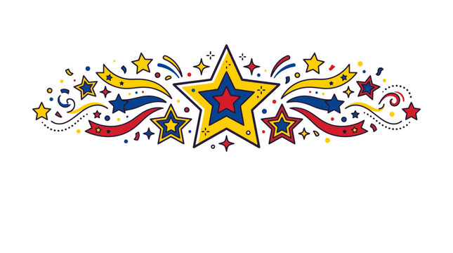 Festive Hand Drawn Star Illustration with Decorative Ribbons and Confetti.