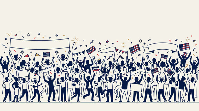Crowd of cheering people holding American flags and blank banners.