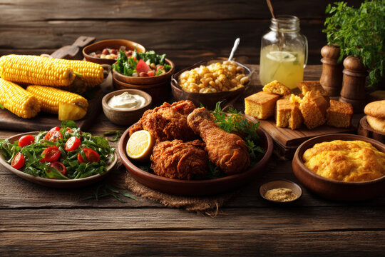 Juneteenth soul food dinner fried chicken cornbread corn on cob macaroni and cheese salad on rustic wooden table family feast