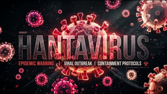 Glowing red hantavirus cells with viral outbreak containment text
