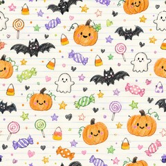 Obraz premium Halloween pumpkins and bats pattern on white fabric background with ghosts and candy