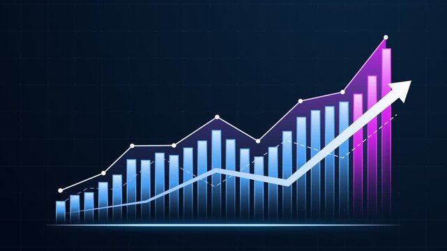 Bar chart and line graph with an upward arrow illustrating business growth, increasing revenue, market trends, and performance metrics for finance, investment and data-driven decision making