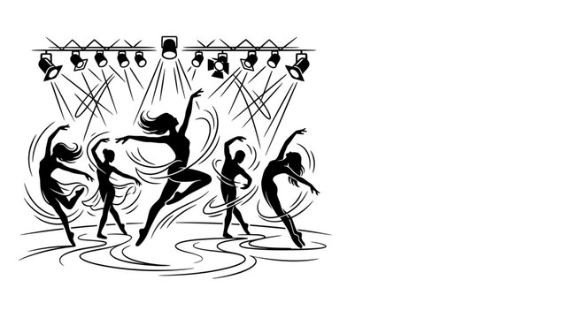 Group of professional dancers performing on stage under spotlights.