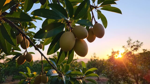 Golden Sunset Over Fruit Sapodilla with Ripening Fruits. Suitable for Tropical Farming Documentary Footage, Tropical Country Travel Video Openers, Organic Food Brand Promotional Clips