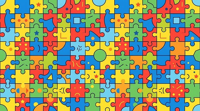 Colorful abstract jigsaw puzzle pattern with vibrant interlocking pieces in geometric mosaic design