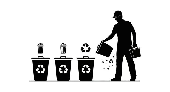 Silhouette of a manual worker wearing a hard hat sorting waste and pouring garbage into three recycling bins with symbols on a white background, representing waste management.