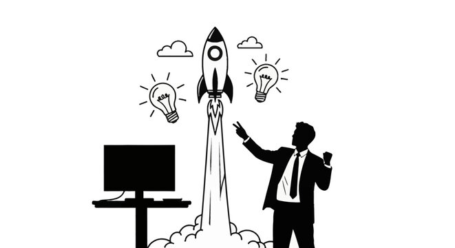 Black and white illustration of a male entrepreneur in a suit pointing at a rocket ship launching from a desk with a computer monitor, light bulbs, and clouds on white background.