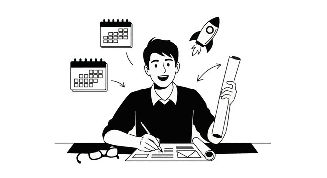 Black and white vector illustration of a young male entrepreneur planning a business startup project with rocket ship icon, calendars for scheduling, and blueprints on a desk.