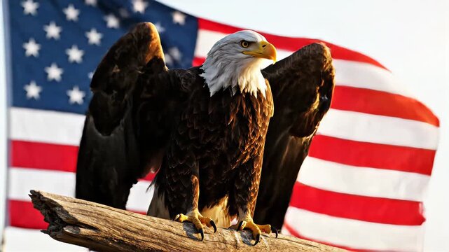 Majestic eagle perched on wood with American flag unfurled in background