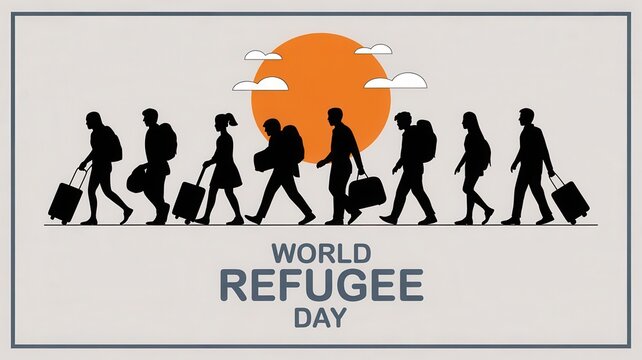World Refugee Day illustration showing silhouettes of people with backpacks and suitcases walking in a line towards a large orange sun