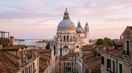 Naklejka premium Historic domed church framed by elegant rooftops under a soft pastel sky refined architecture