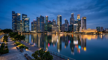 Fototapeta premium Modern river skyline glowing under beautiful blue-hour light with glass towers reflected in calm water