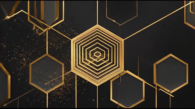 Abstract geometric shapes in gold and black on a dark background