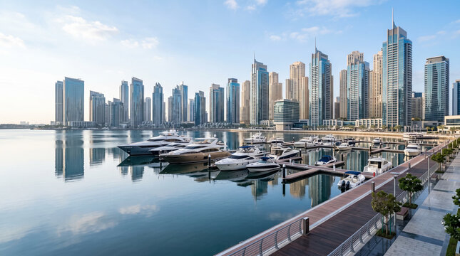Maritime city skyline with glass towers and docked vessels over calm reflective water refined coastal view