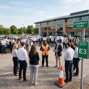 Large asphalt parking lot during an office evacuation fire drill with employees gathered near a green assembly point sign for safety training and business continuity